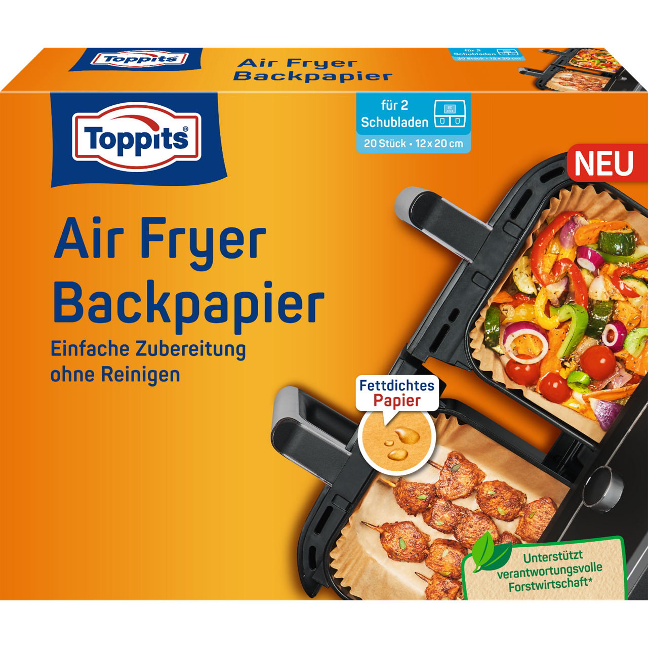 Toppits Air Fryer Backpapier für 2 Schubladen Verpackungsvorderseite