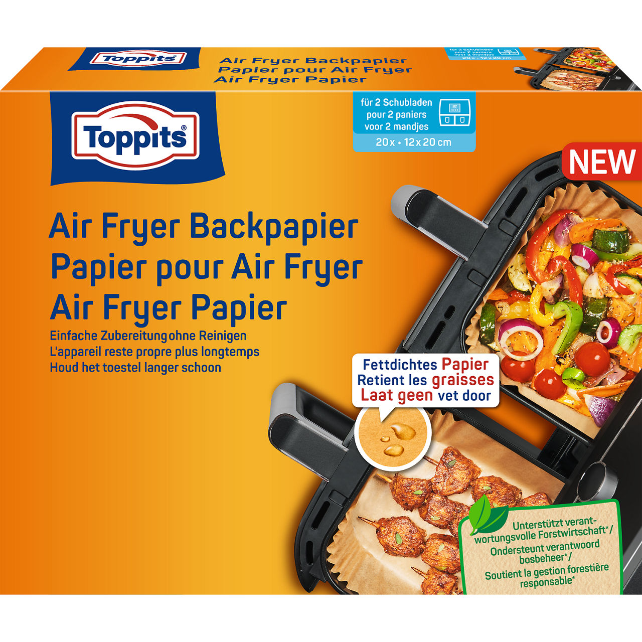 Toppits, Air Fryer Baking Paper, Rectangular, Launch 2025, Packshot, BE, NL, CH, GS1