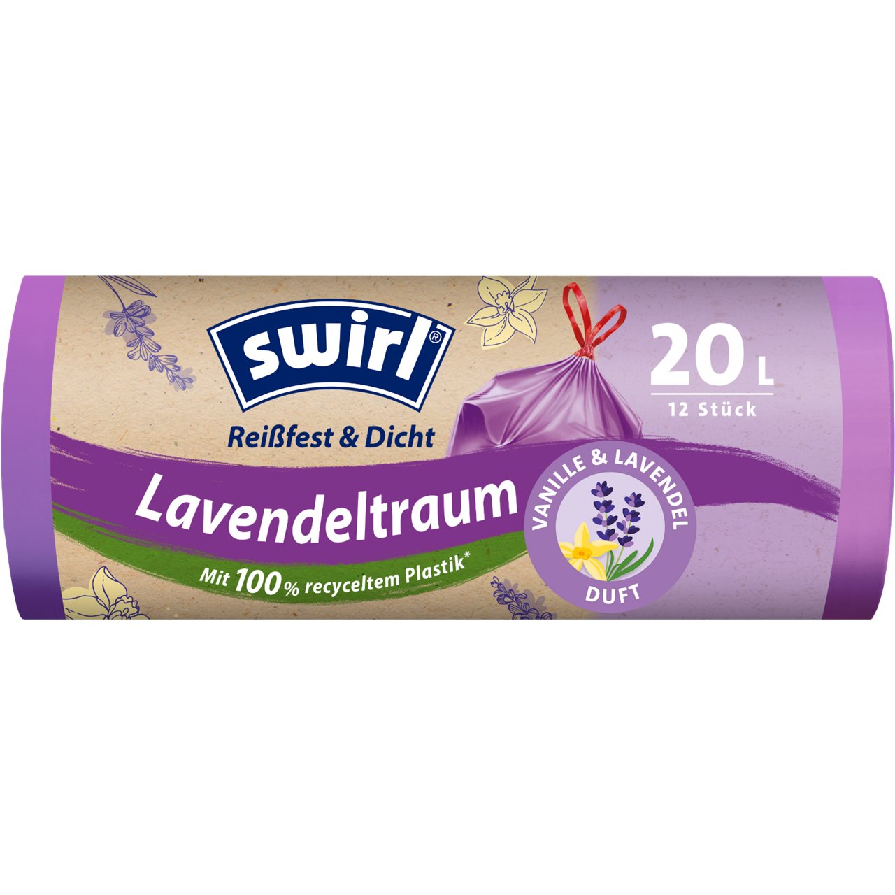 Swirl Vanille-Lavendel-Duft-Müllbeutel Verpackung Vorderseite - 20 Liter