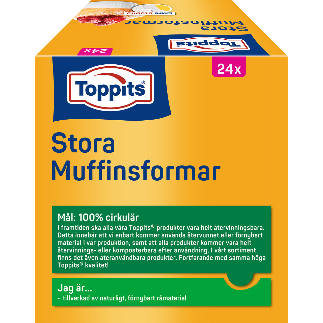 Baksidan av förpackningen Toppits® Stora Muffinsformar, 24 stycken. Visar produktinformation och användningsinstruktioner.