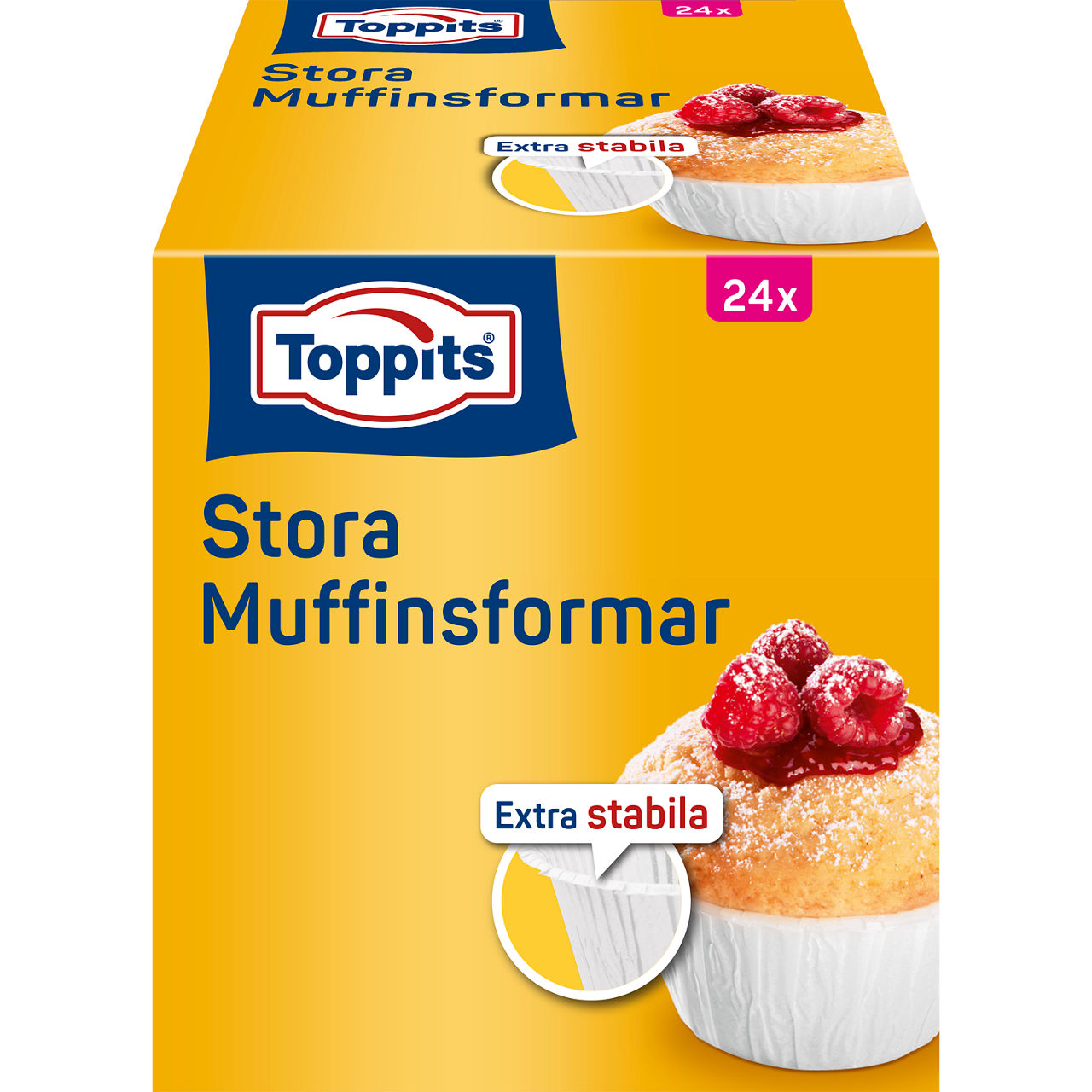 Produktbild av Toppits® Stora Muffinsformar, 24 stycken. Förpackningen visar stora muffinsformar med dekorerade muffins