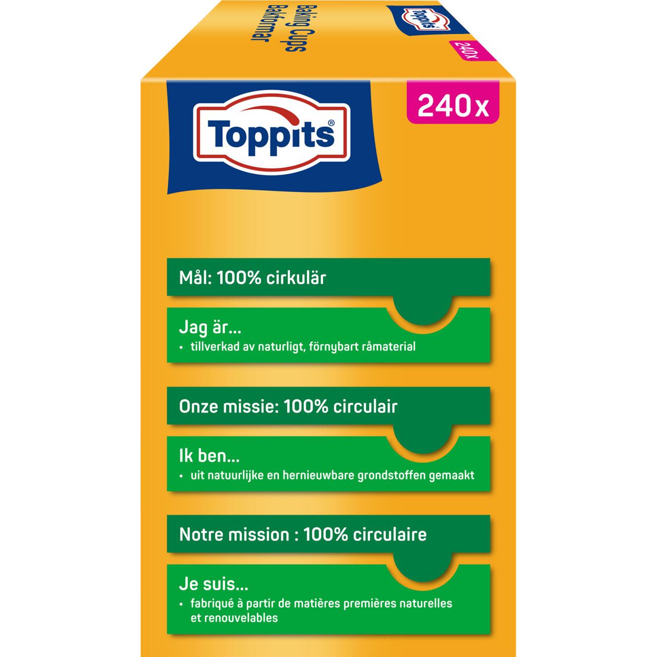 Achterkant van Toppits Baking Cups verpakking, 240 stuks, met informatie over circulaire missie in meerdere talen