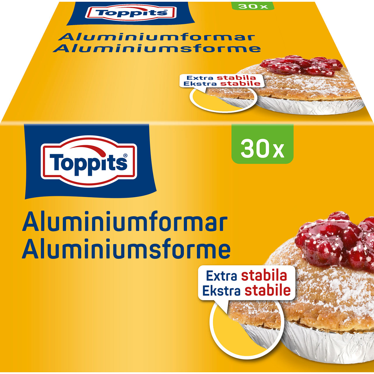 Produktbild av Toppits® Aluminiumformar, 30 stycken. Förpackningen visar extra stabila aluminiumformar med dekorerat bakverk som exempel