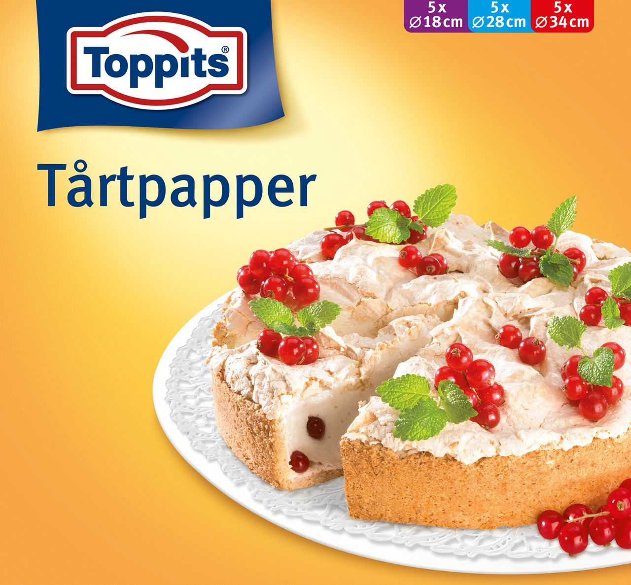 Produktbild av Toppits® Tårtpapper. Förpackningen visar en dekorerad tårta på ett vitt tårtpapper, garnerad med grädde, röda vinbär och mynta