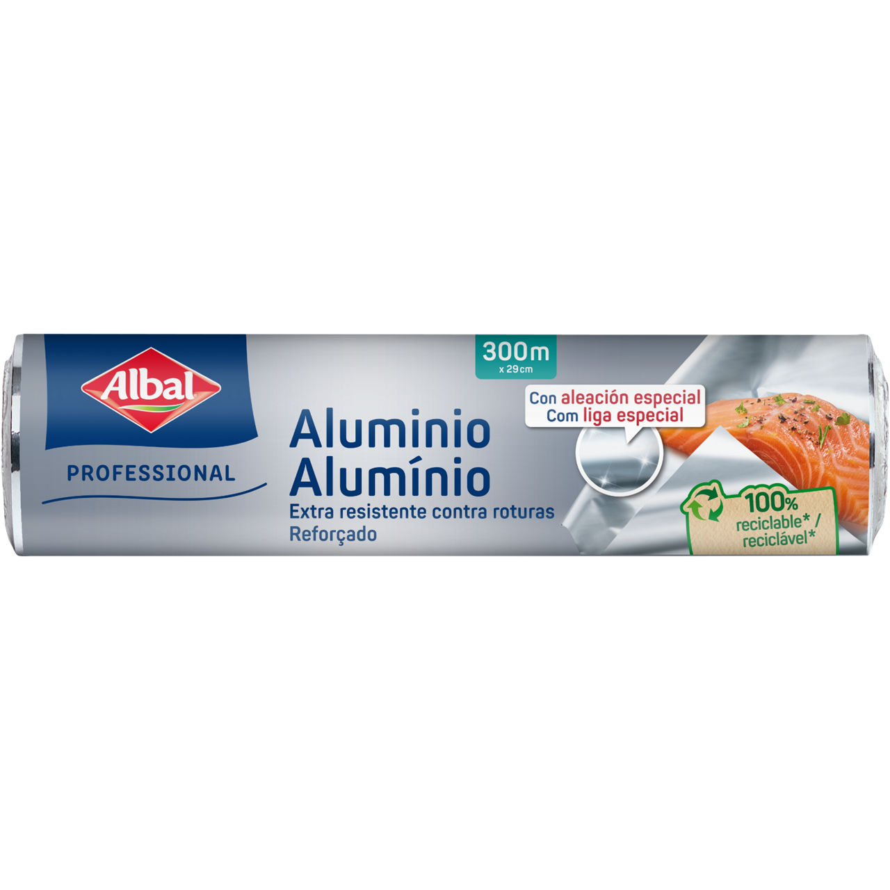 Rollo profesional de papel de aluminio de 300 metros, con la indicación de aleación especial, 100% reciclable y una imagen de salmón a la derecha.