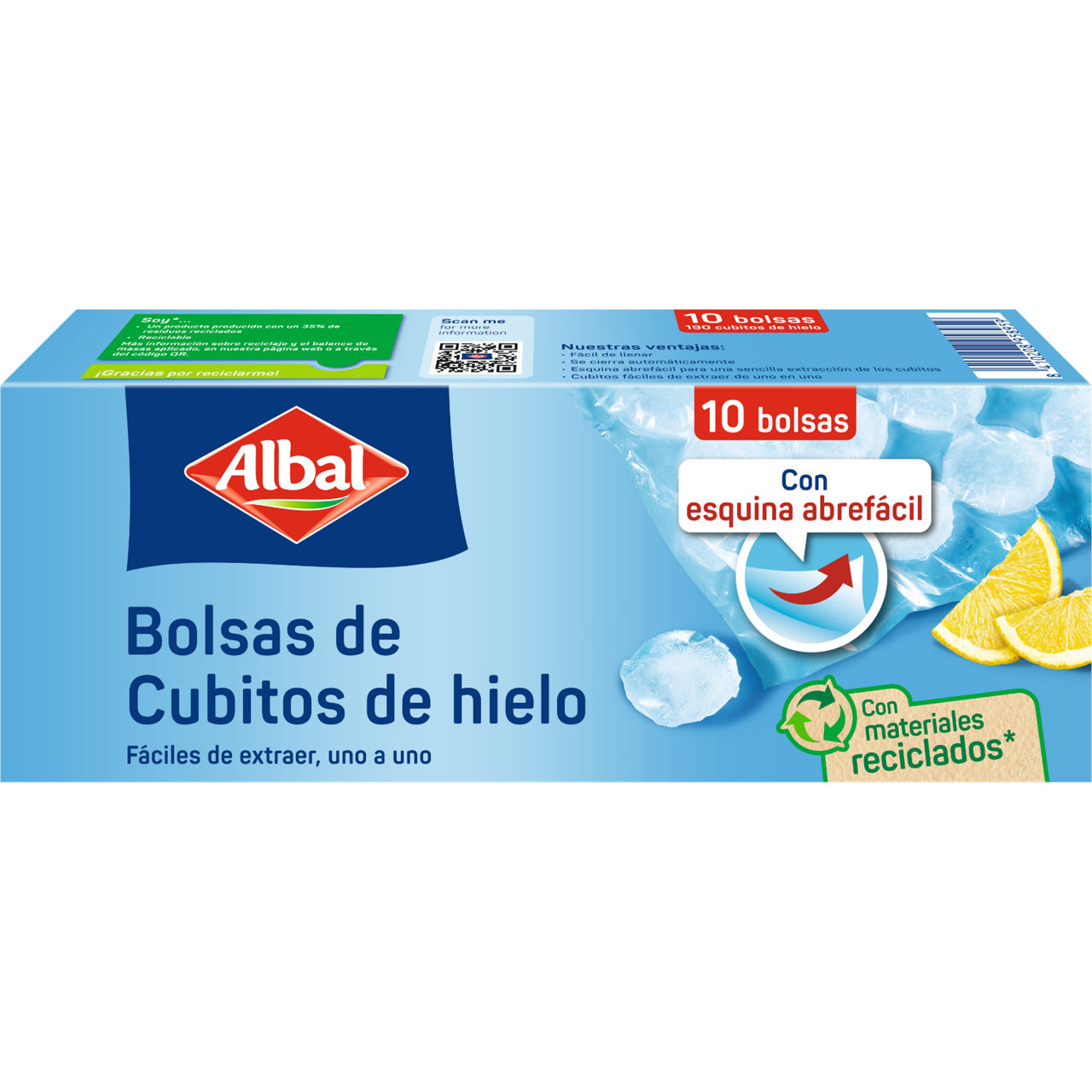 Caja de bolsas para cubitos de hielo, con esquina abrefácil y capacidad para 10 bolsas y 190 cubitos.