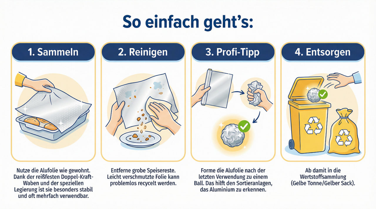Infografik zum Recycling von Alufolie in vier Schritten 