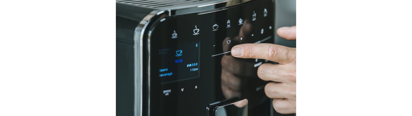 Melitta official close view of the Barista TS Smart Touch and Slide panel while a strength or quantity control is adjusted