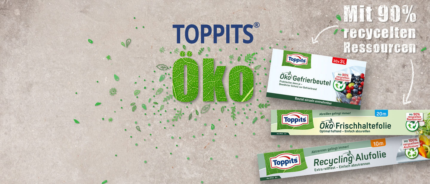 Toppits Öko-Produkte: Gefrierbeutel, Frischhaltefolie und Alufolie aus nachwachsenden Rohstoffen oder mit hohem Recyclinganteil.
