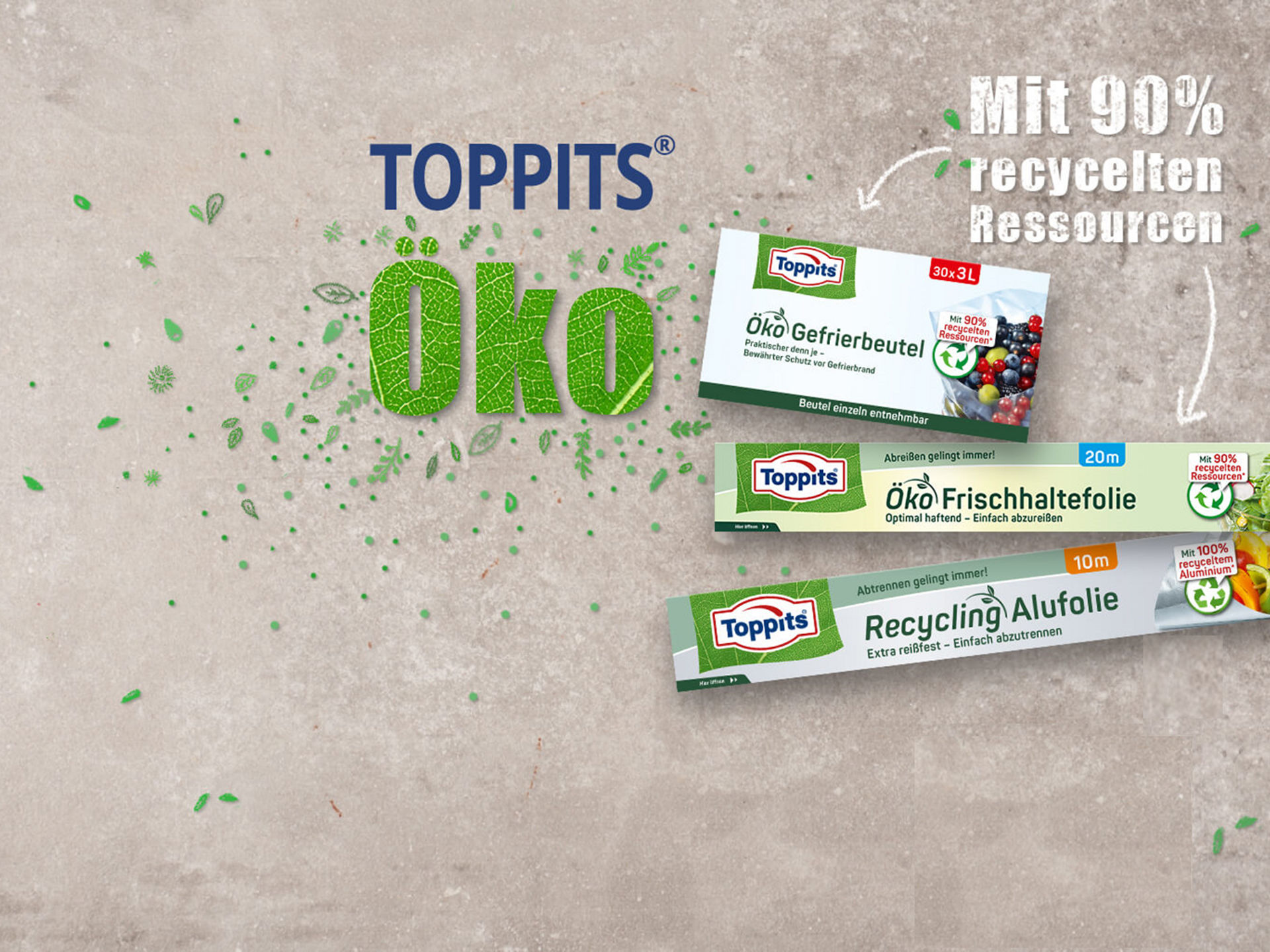 Toppits Öko-Produkte: Gefrierbeutel, Frischhaltefolie und Alufolie aus nachwachsenden Rohstoffen oder mit hohem Recyclinganteil.