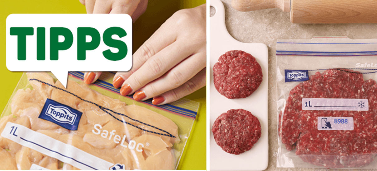 Links: Hähnchenbrustfilet wird in einem Toppits SafeLoc Beutel auf einem gelben Untergrund eingefroren, oben links ist ein „TIPPS“-Symbol . Rechts: Zwei rohe Fleisch Patties und ein Toppits SafeLoc Beutel mit Hackfleisch liegen auf einem Schneidebrett