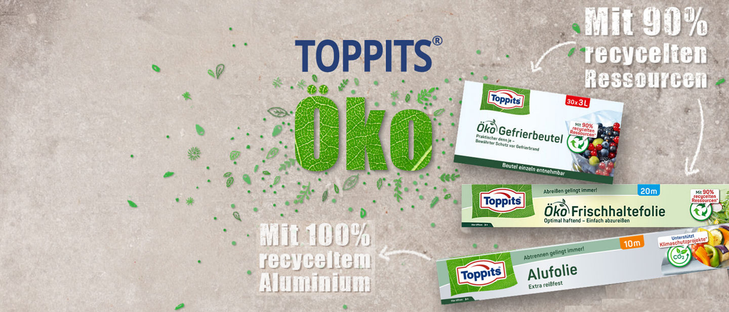 Toppits Öko-Produkte: Gefrierbeutel, Frischhaltefolie und Alufolie aus nachwachsenden Rohstoffen oder mit hohem Recyclinganteil.