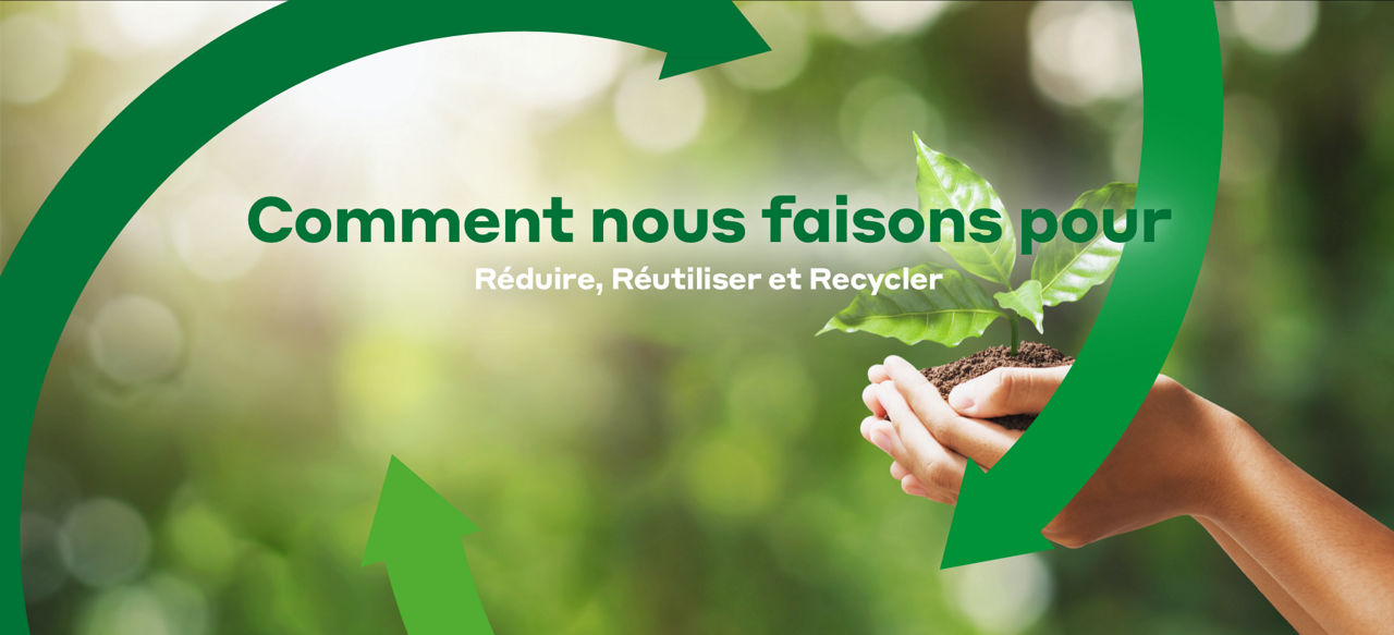 « Mains tenant une plante avec de la terre, entourées d’une flèche verte de recyclage, texte : 'Comment nous utilisons les ressources de manière durable'. »