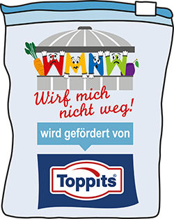 Illustration von einen Zipper Beutel mit dem Aufdruck des Wirf mich nicht weg  und des Toppits Logos