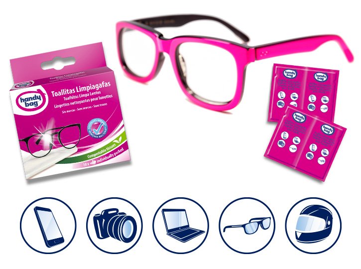 Caja de toallitas limpiadoras para gafas Handybag acompañada de gafas y sobres individuales