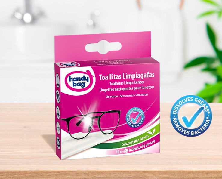Caja de toallitas limpiadoras para gafas Handybag sobre fondo blanco con sombra proyectada