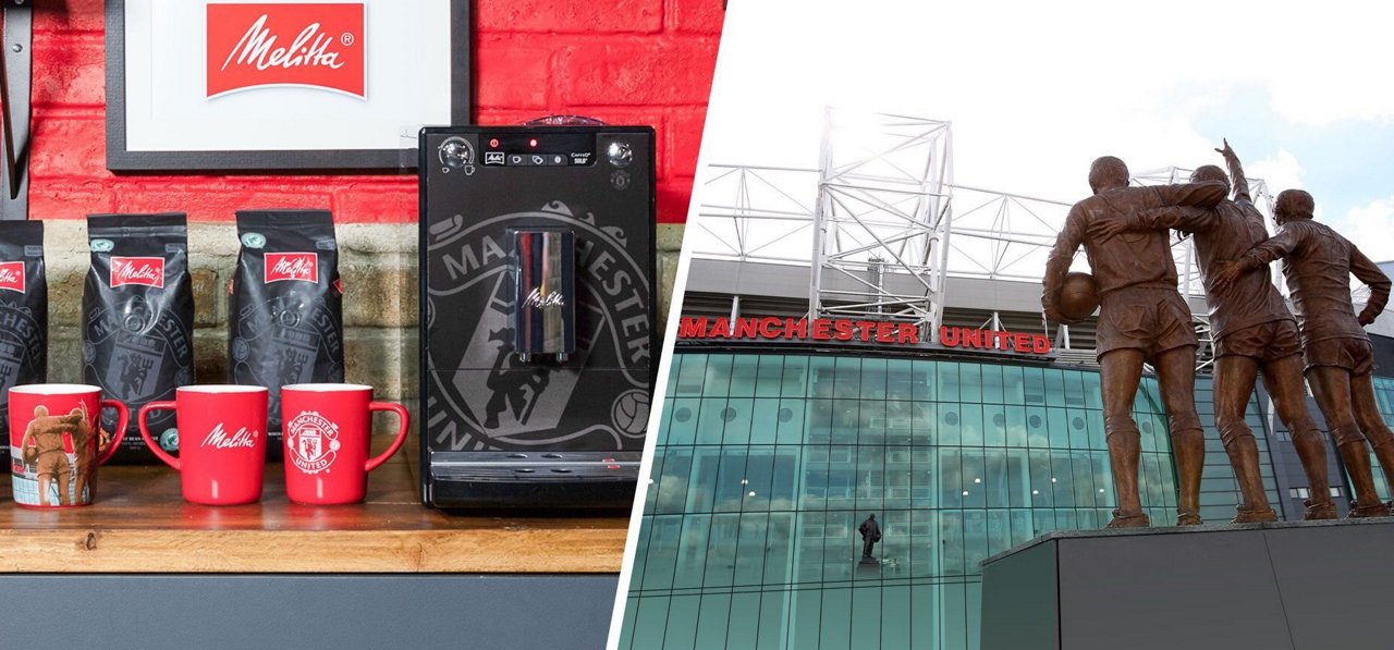 Melitta® Header Melitta Coffee Bags, FAM and Coffee Cups on the left with an outside perspective on the Manchester United Stadium on the right including a statue