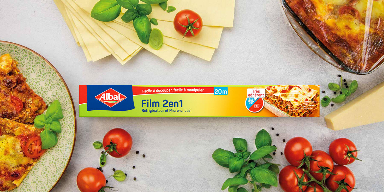 Film 2en1 Albal 20 m, ingrédients frais et préparations culinaires recouvertes de film alimentaire
