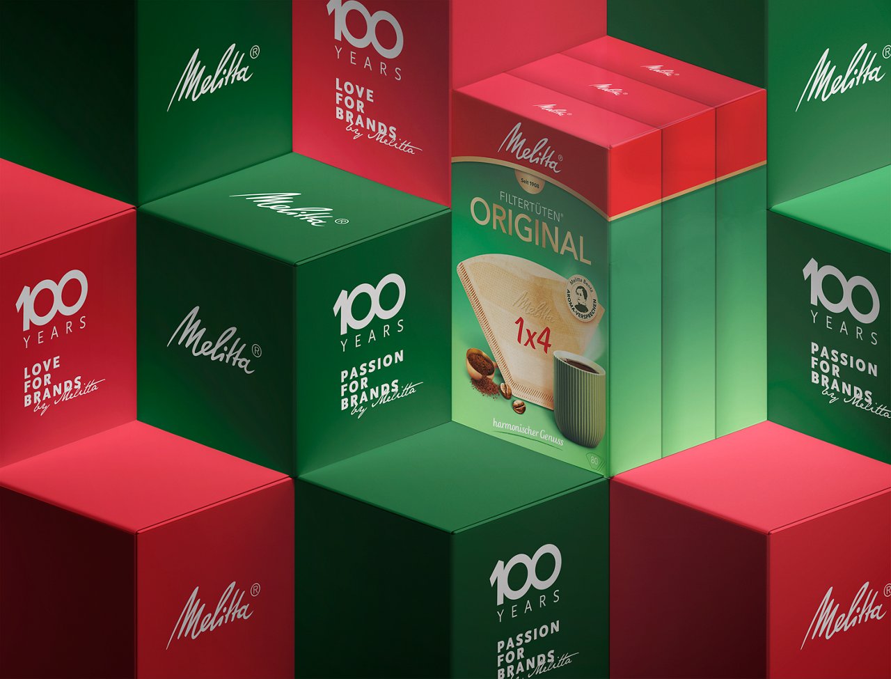 Eine rot-grüne Verpackungsgestaltung  anlässlich 100 Jahre Markenliebe