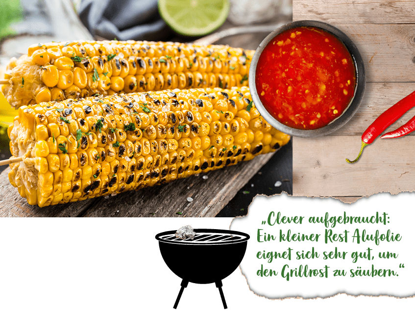 Gegrillte Maiskolben mit Soße und Chili, darunter ein gezeichneter Grill und ein Tipp zur Verwendung von Alufolie zum Reinigen des Grillrosts