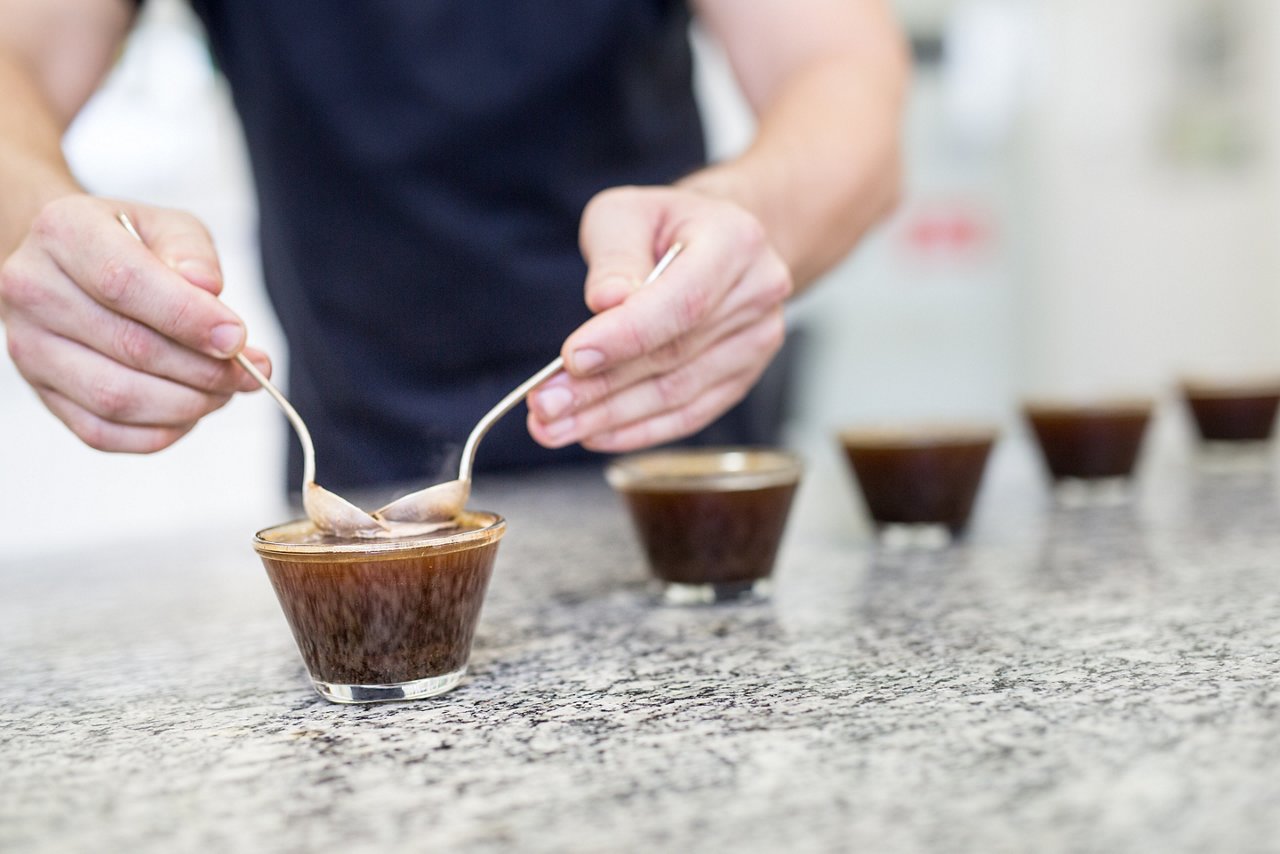 Nahaufnahme zweier Hände, die mit Löffeln Kaffee aus kleinen Gläsern auf einer Steinplatte verkosten; im Hintergrund weitere Verkostungsgläser in einer Reihe.