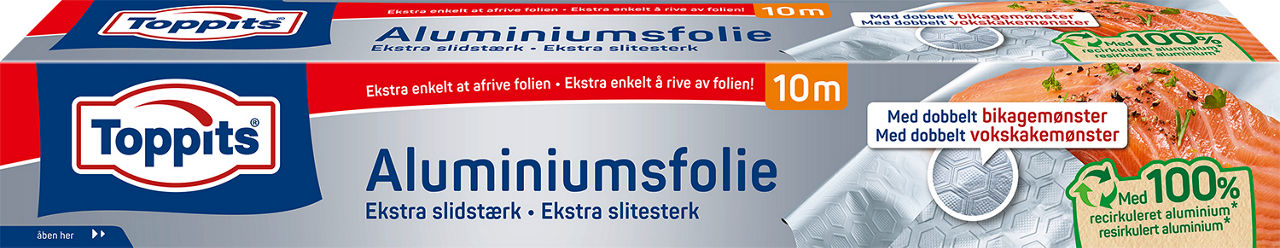 Toppits aluminiumsfolie produktpakke med resirkuleringssymbol.