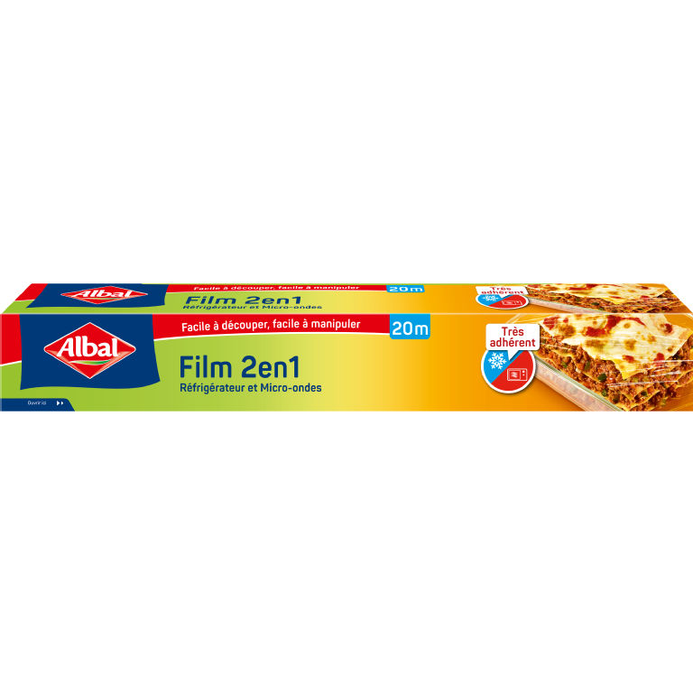 Film 2en1 Albal 20 m très adhérent pour réfrigérateur et micro-ondes, facile à découper et manipuler