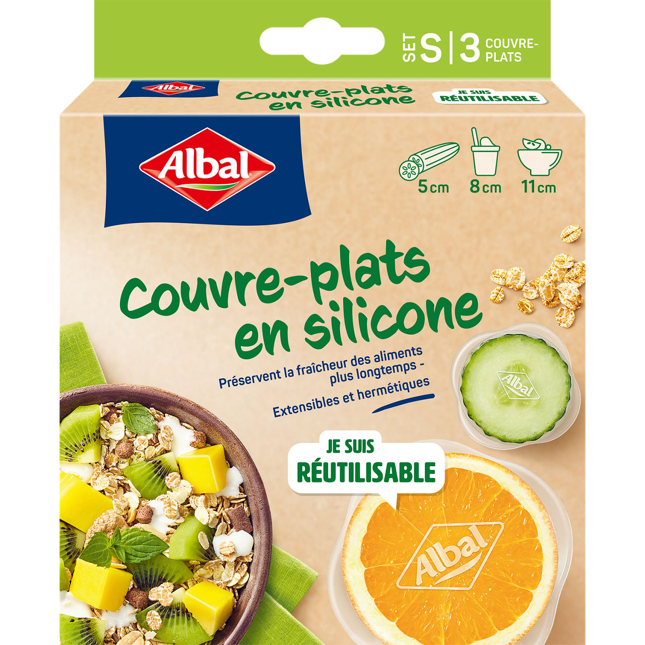  3 couvre-plats en silicone Albal taille S réutilisables, extensibles et hermétiques