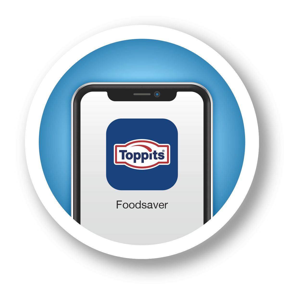 Smartphone mit Toppits Foodsaver-App-Symbol auf dem Bildschirm zur Lebensmittelorganisation.