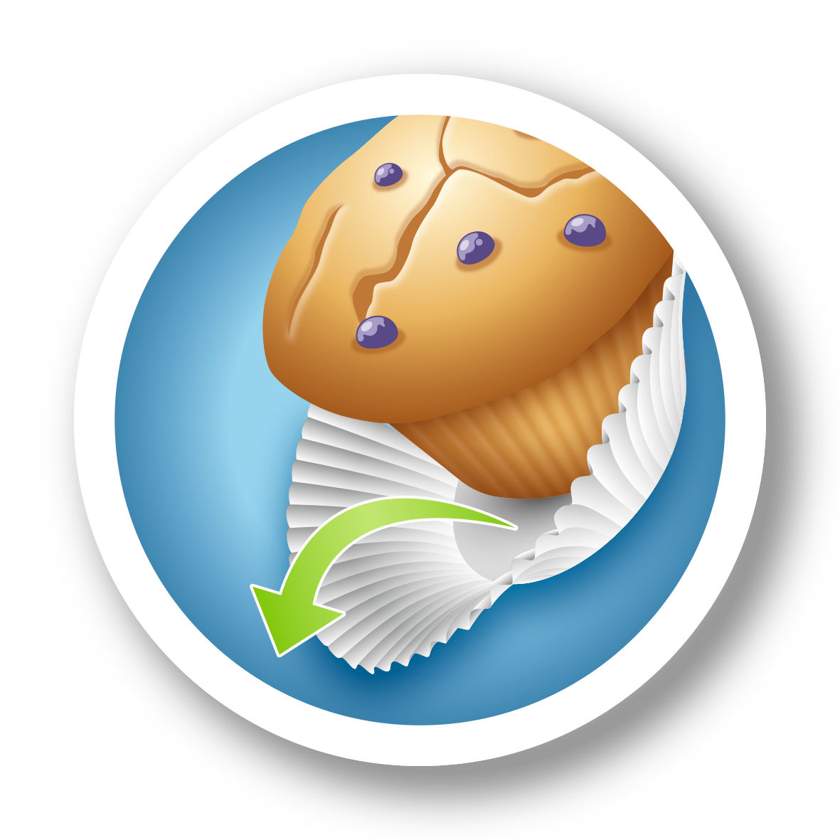 Muffin mit Blaubeeren, teilweise ausgewickelt aus einer weißen Backform mit grünem Pfeil.