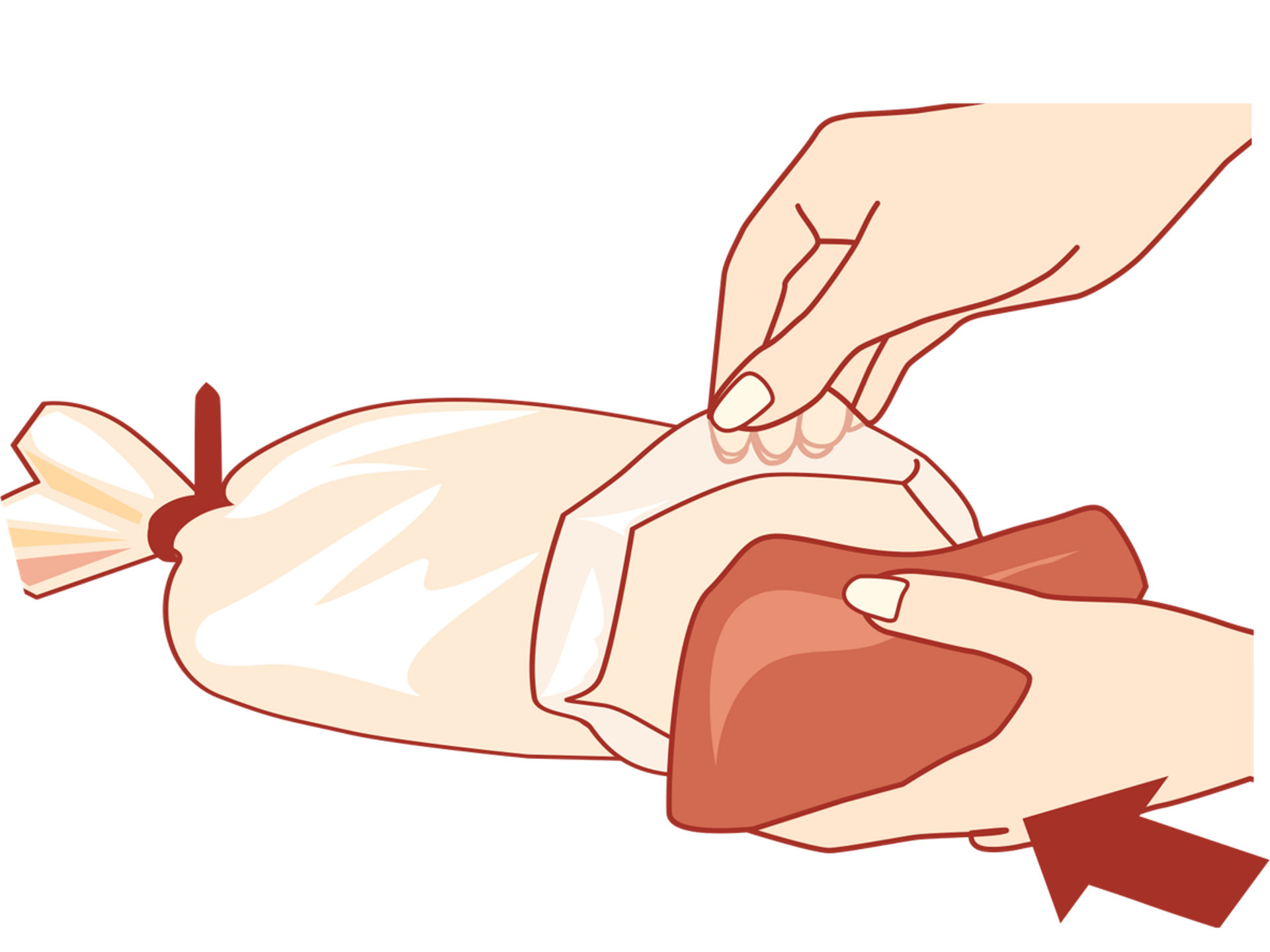 3 Illustration Fleischstück wird in den geöffneten Toppits Bratschlauch auf einer Arbeitsfläche gelegt