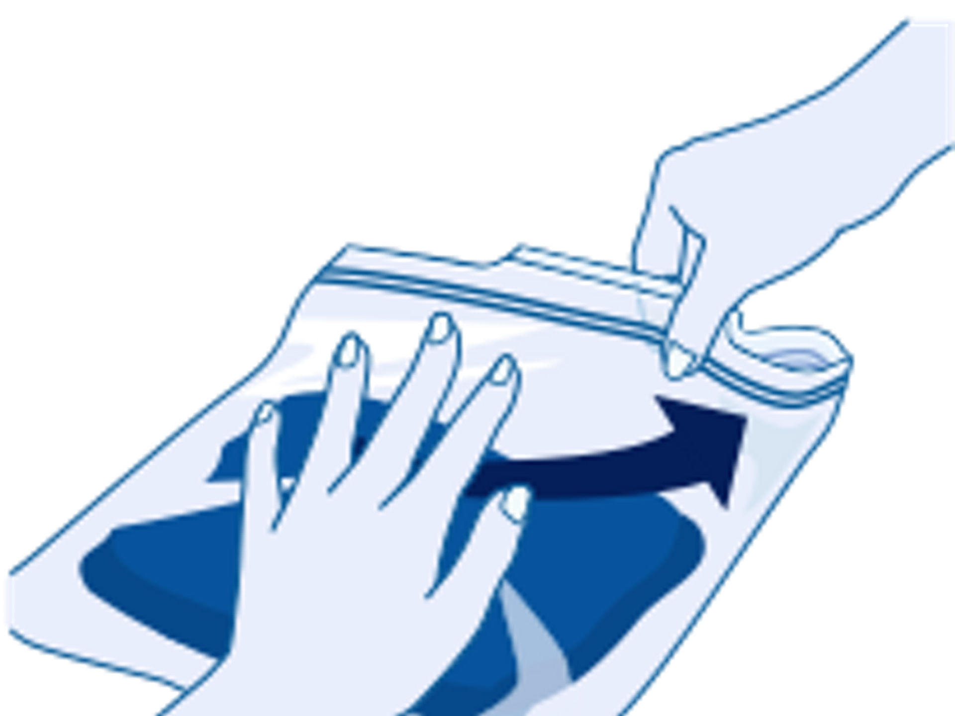 2 Illustration: Eine Hand hält einen Toppits SafeLoc Beutel, während die andere Hand mit einer gleitenden Bewegung den Verschluss entlangfährt, um ihn vollständig zu verschließen