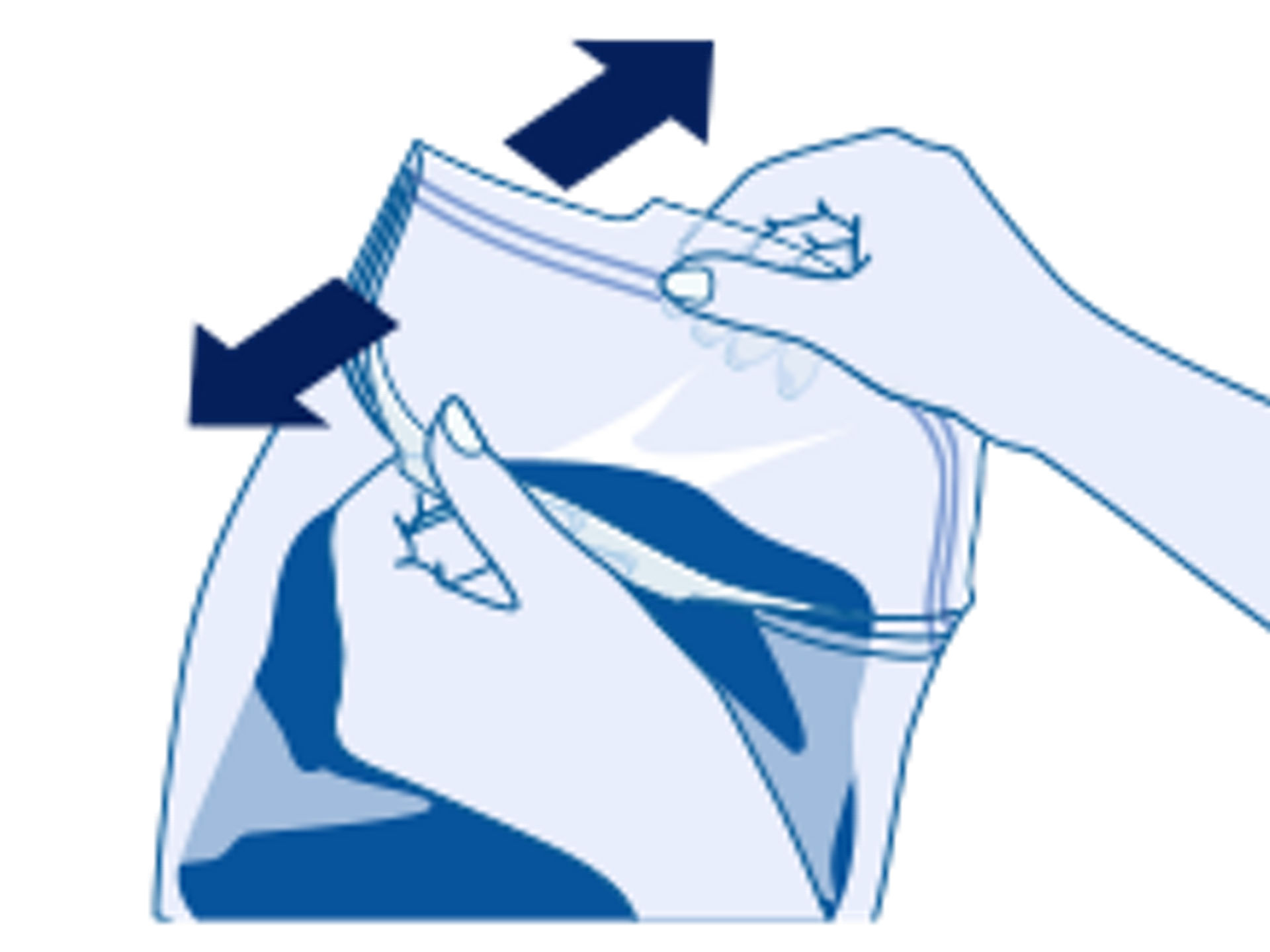 3. Illustration: Zwei Hände öffnen einen SafeLoc Beutel, indem sie die beiden Seiten des Verschlusses auseinanderziehen