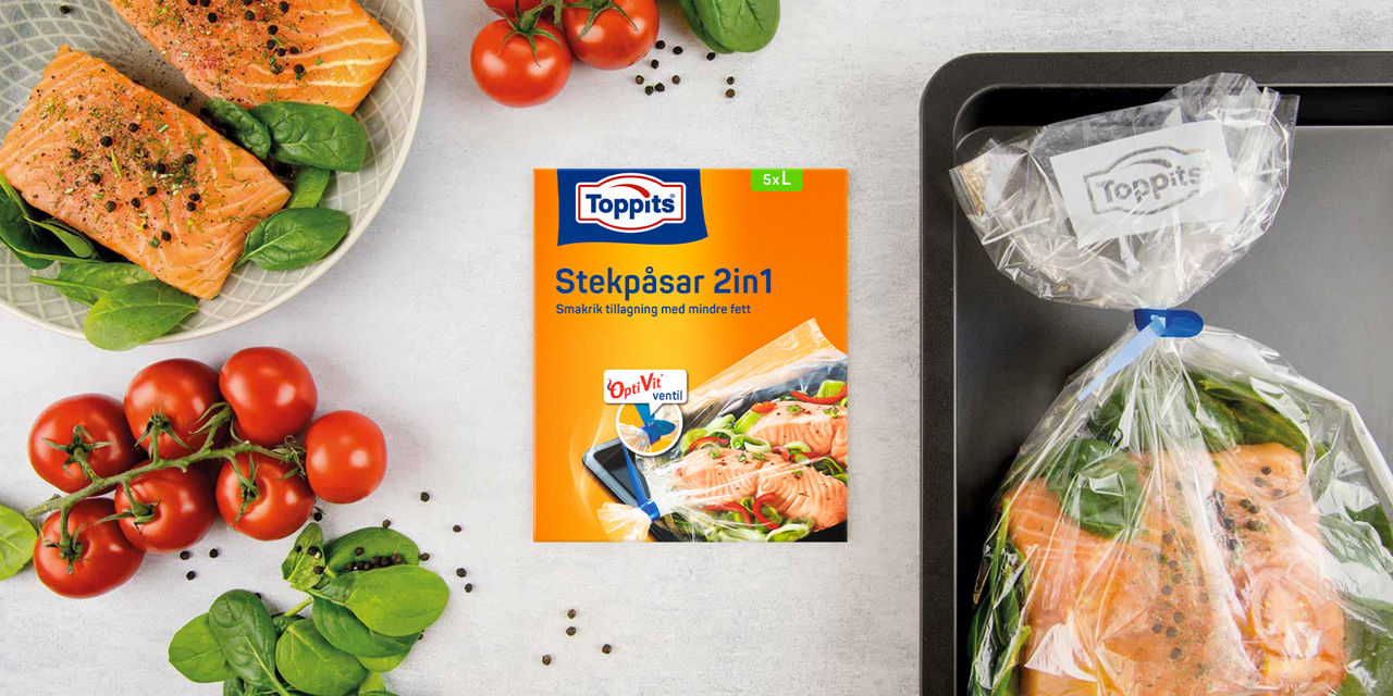 Med Toppits® Stekpåsar 2-in-1 lagar du enkelt saftiga och smakrika rätter i ugn – utan stänk och med mindre fett. Perfekt för kött, fisk och grönsaker. Bevarar smak och gör rengöringen enkel! 