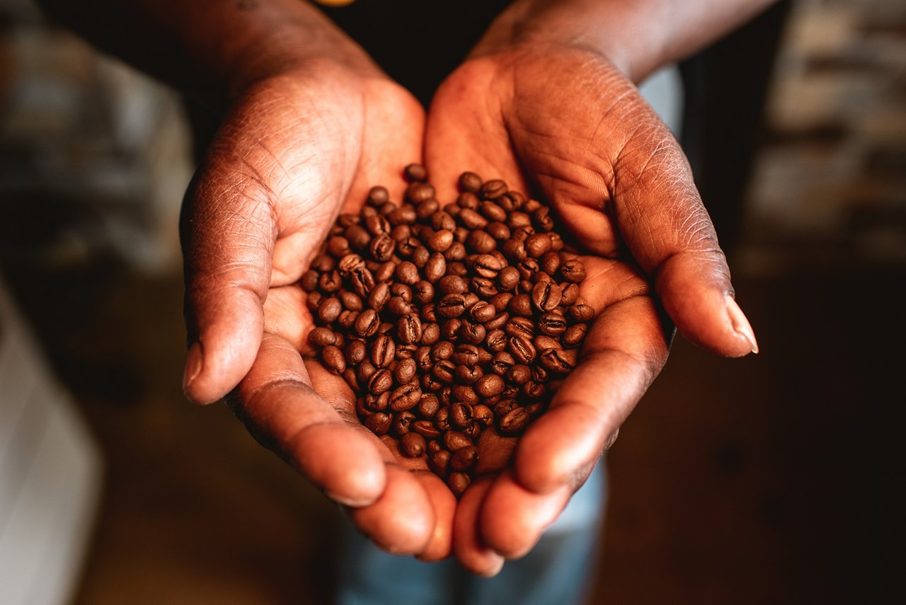 Kaffeebäuerin hält zeigt Kaffeebohnen in geöffneten Händen