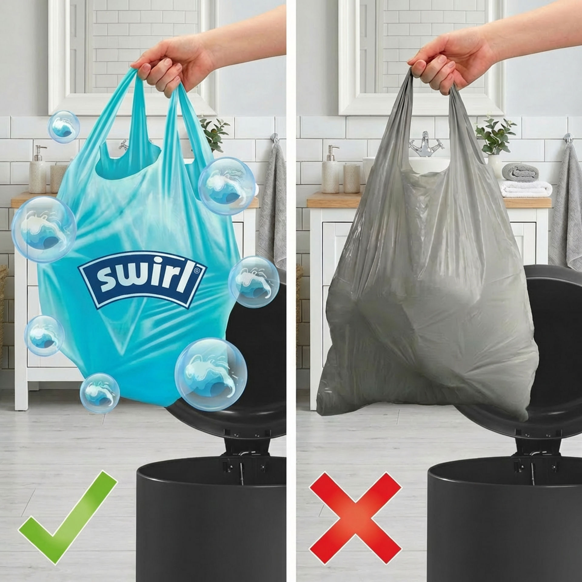 Vergleich: Swirl Duft Müllbeutel Ocean Fresh Tragegriff vs herkömmlichen Beutel