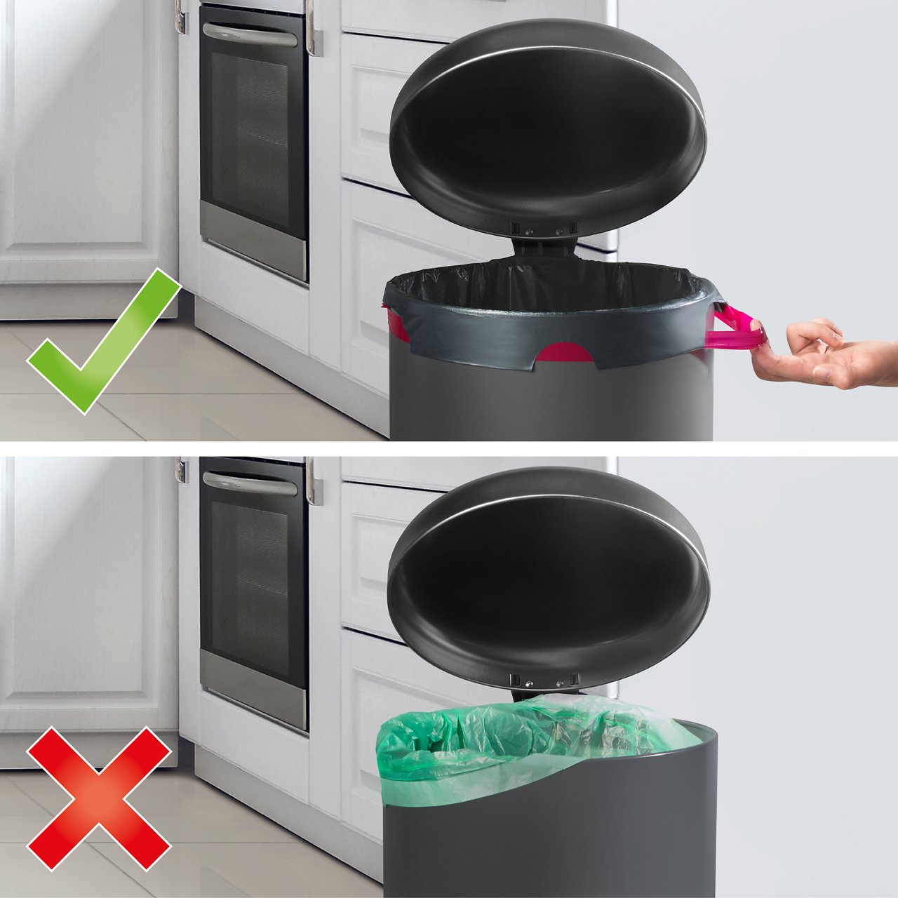 Vergleich: Swirl Müllbeutel halten am Eimer versus herkömmlichen Beutel verrutschen