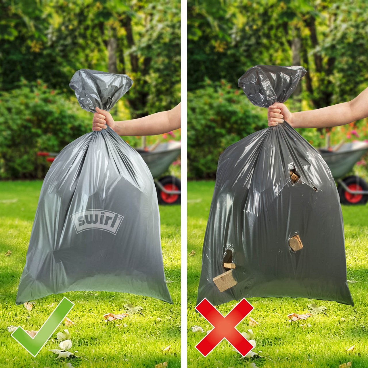 Vergleich: Swirl extra reißfeste Abfallsäcke versus herkömmlichen Beutel reißen