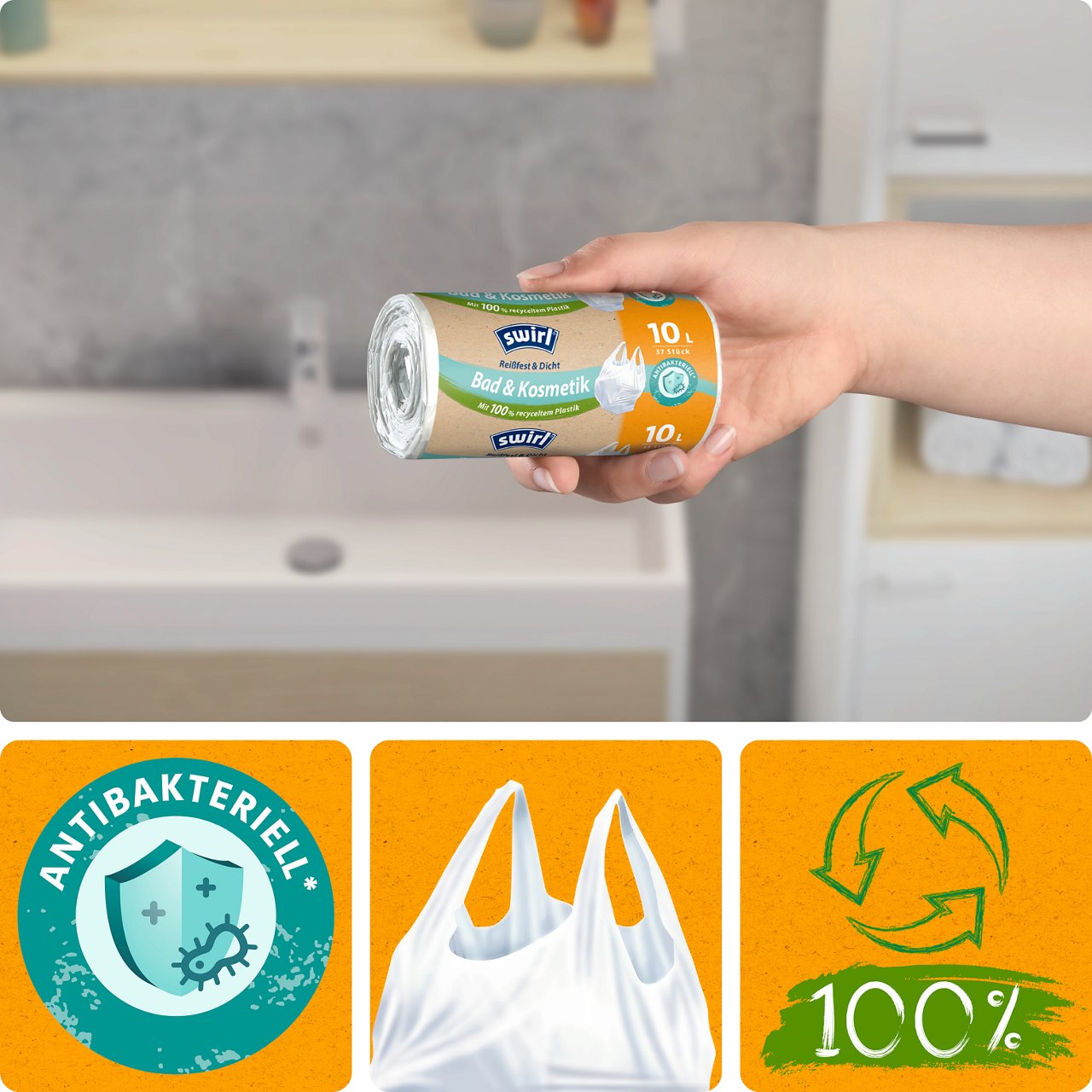 Antibakteriell, Tragegriff, 100% recyceltes Plastik