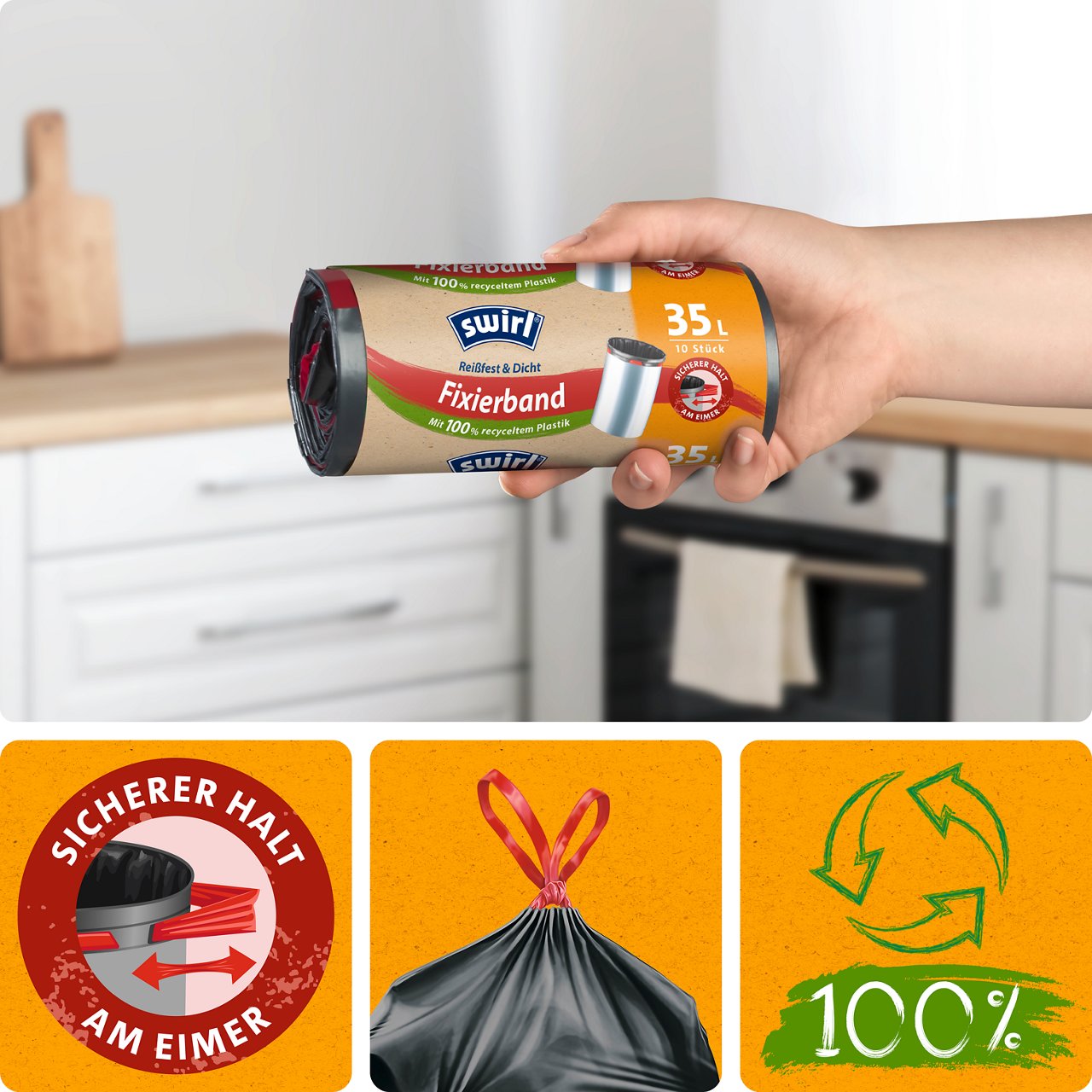 Sicherer Halt am Eimer, Zugband, 100% recyceltes Plastik