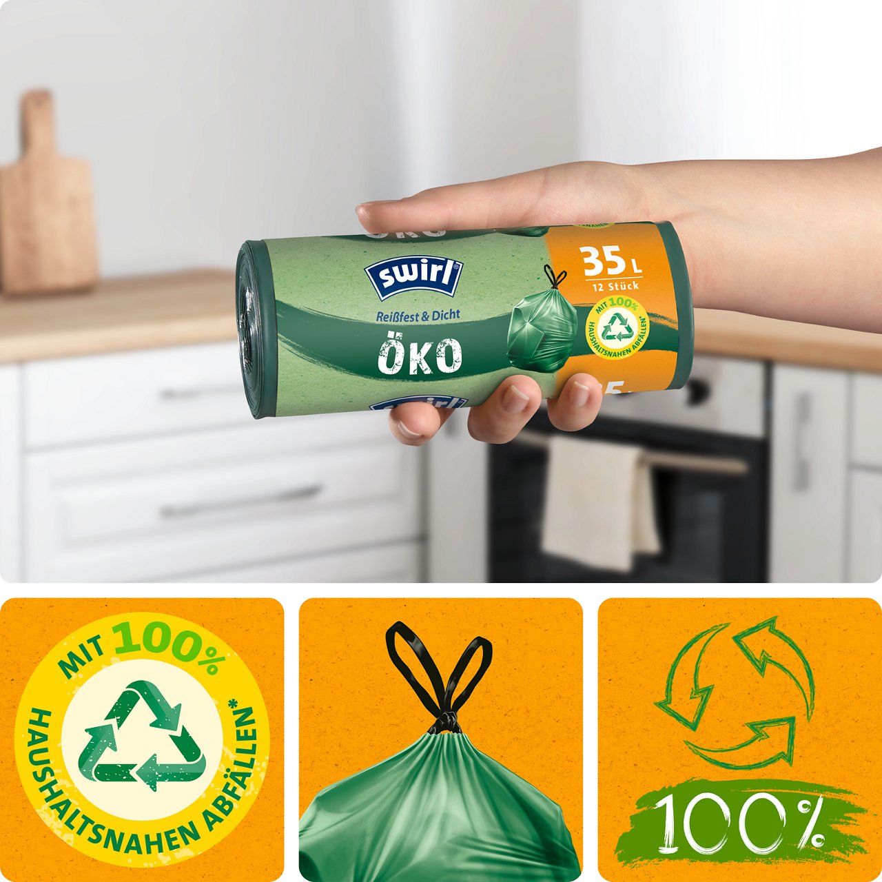 Mit 100% haushaltsnahen Abfällen, Zugband, 100% recyceltes Plastik