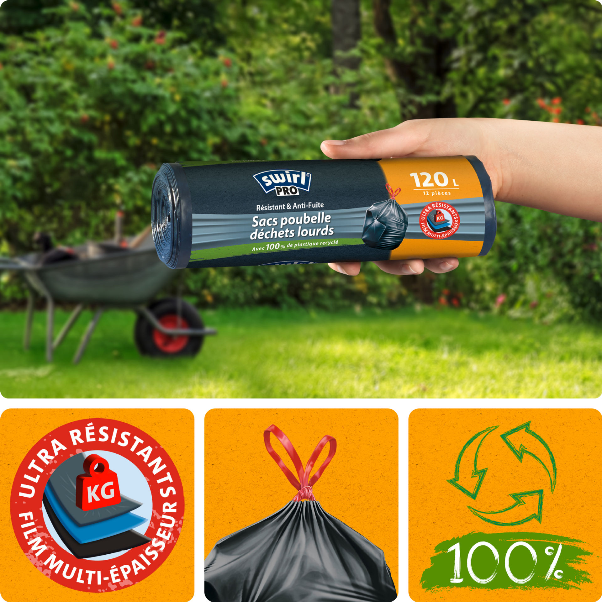Rouleau de sacs poubelle Swirl Pro 120 L pour déchets lourds, résistants et anti‑fuite, en plastique 100 % recyclé.