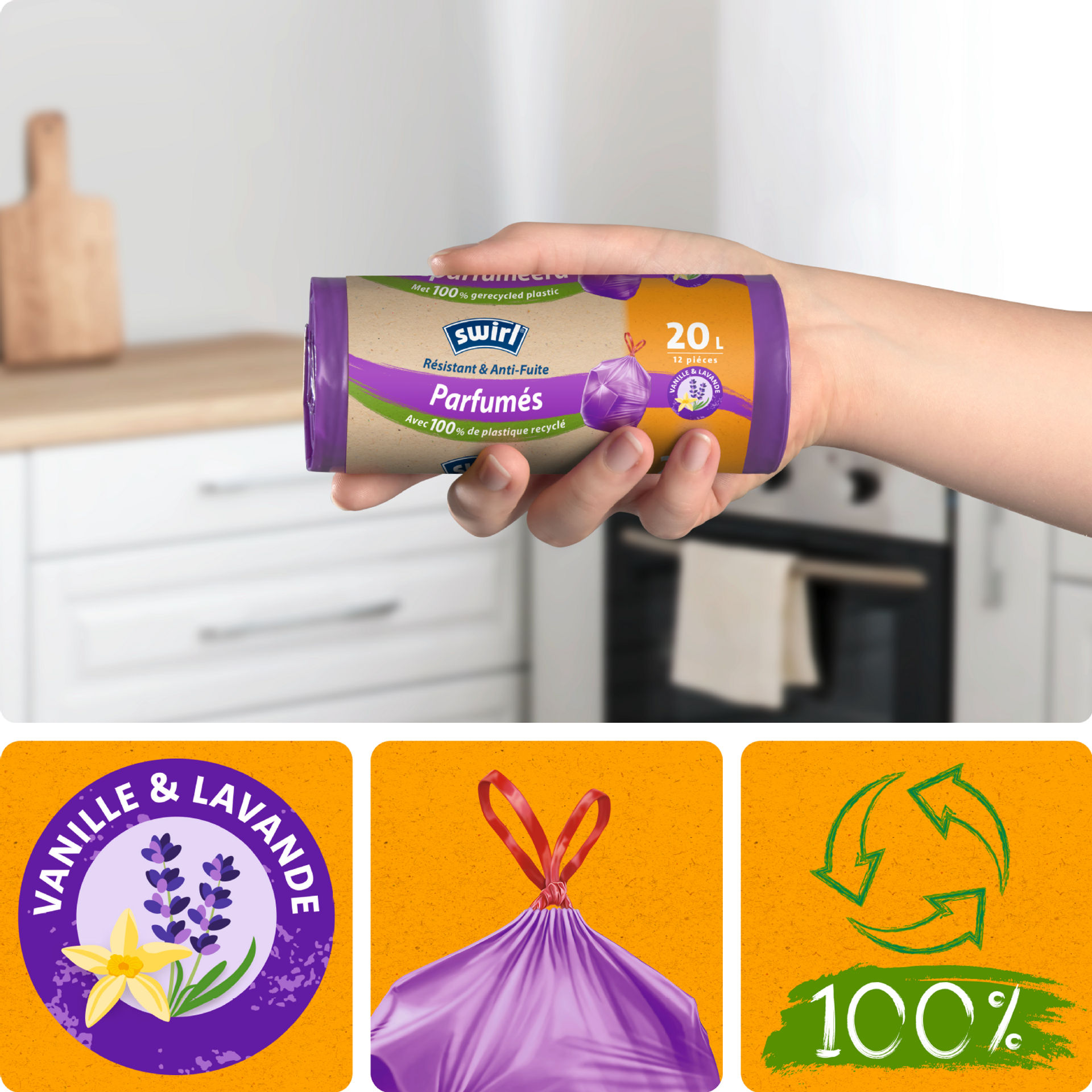 Rouleau de sacs poubelle Swirl parfumés 20L, résistants et anti‑fuite, fabriqués à partir de 100 % de plastique recyclé.