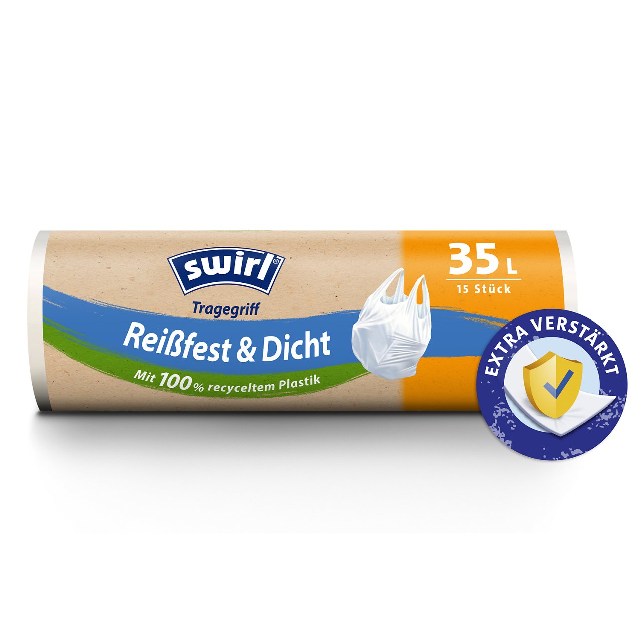 Swirl reißfest und dicht Tragegriff-Müllbeutel Verpackung Vorderseite - 35 Liter, 15 Stück