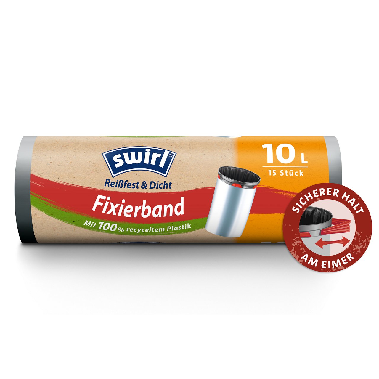 Swirl Fixierband-Müllbeutel Verpackung Vorderseite - 10 Liter, 15 Beutel