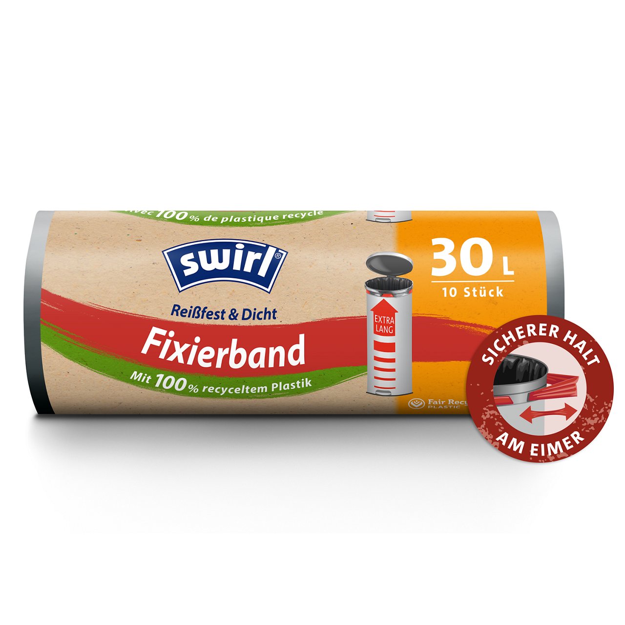 Swirl Fixierband-Müllbeutel Verpackung Vorderseite - 30 Liter, XL, 10 Beutel