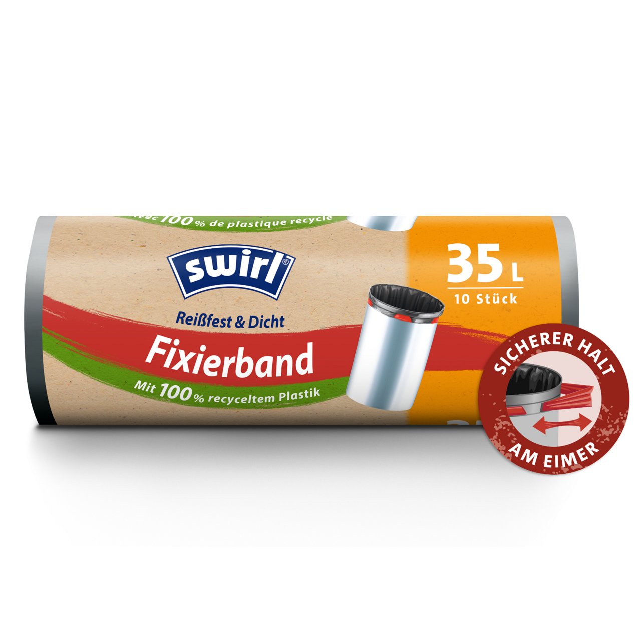 Swirl Fixierband-Müllbeutel Verpackung Vorderseite - 35 Liter, 10 Beutel