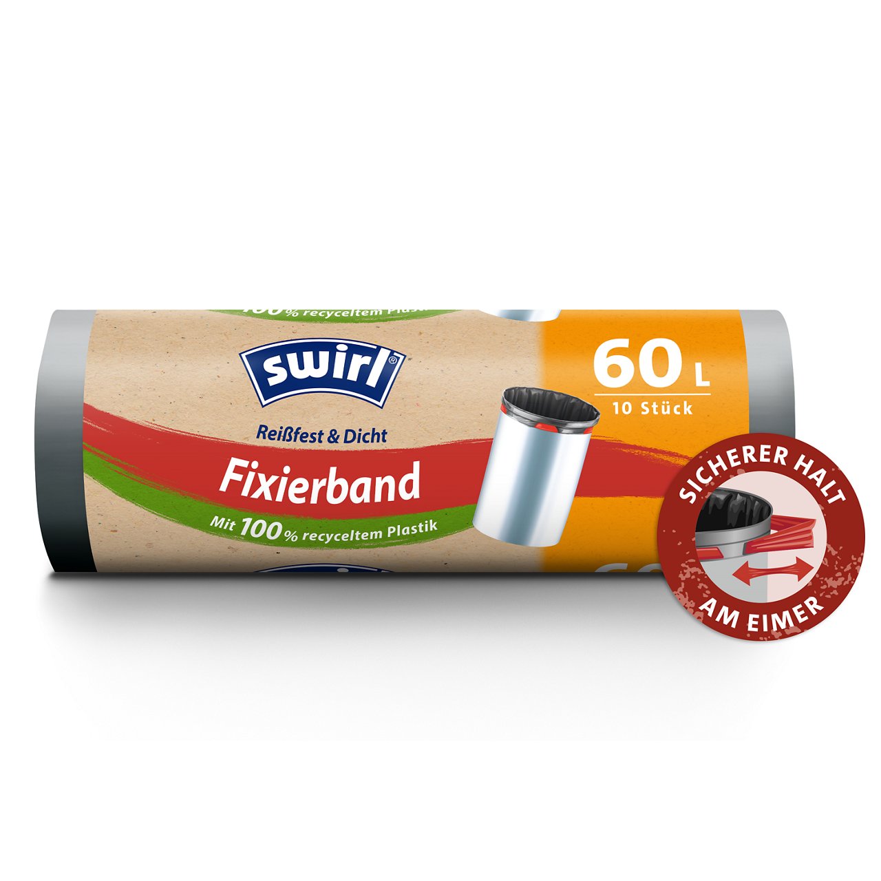 Swirl Fixierband-Müllbeutel Verpackung Vorderseite - 60 Liter, 10 Beutel