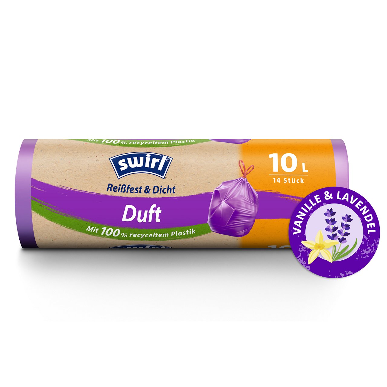 Swirl Vanille-Lavendel-Duft-Müllbeutel Verpackung Vorderseite - 10 Liter, 14 Stück