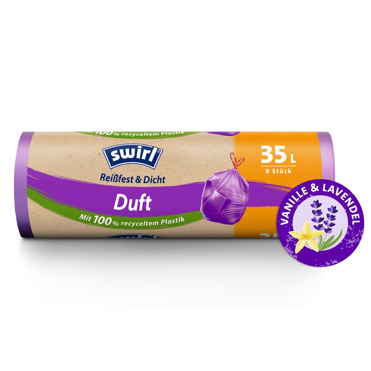 Swirl Vanille-Lavendel-Duft-Müllbeutel Verpackung Vorderseite - 35 Liter, 9 Stück